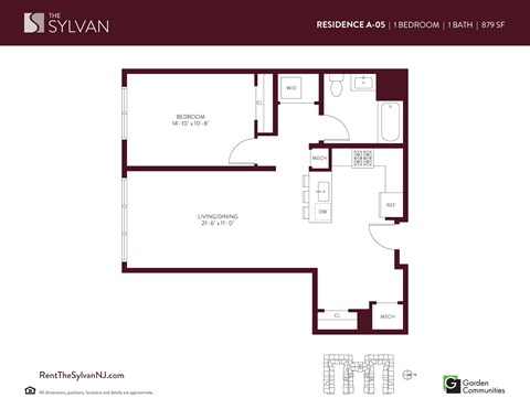 Floor plan for 1 bed, 1 bath, 879 sqft